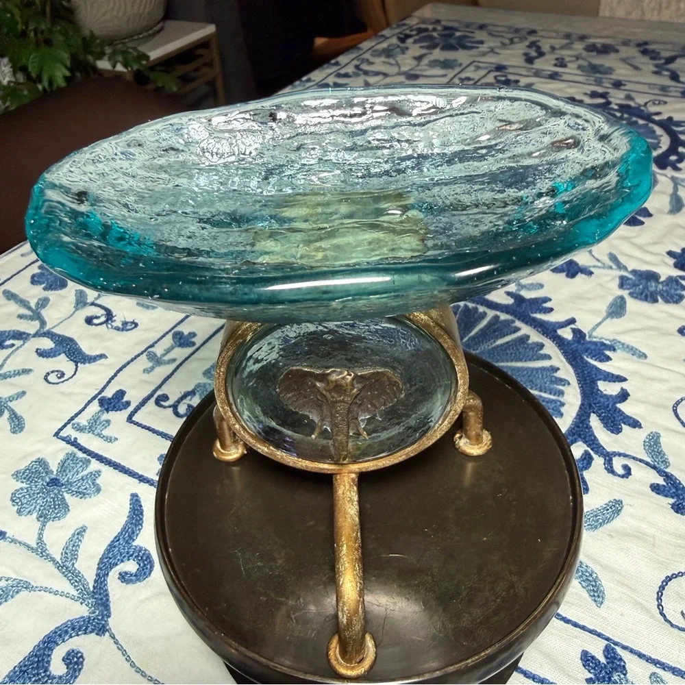 VTG  Art nouveau Brass Ornate Stand with Blue Glass & Elephant MCM Soap Dish EUC